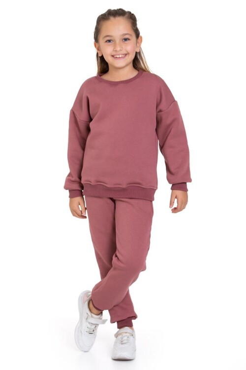 Kız Çocuk Sweatshirt ve Pantolon Takımı – Krem Basic 5-14 Yaş 11118