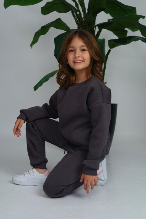 Kız Çocuk Sweatshirt ve Pantolon Takımı – Füme Basic 5-14 Yaş 11094
