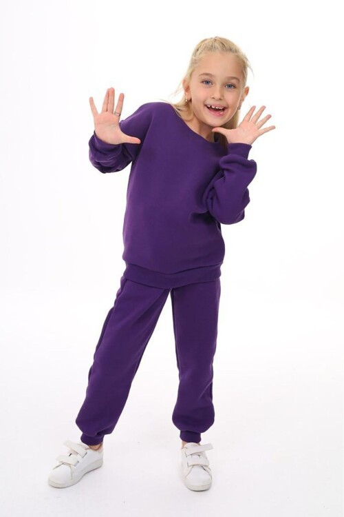 Kız Çocuk Sweatshirt ve Pantolon Takımı – Mor Basic 5-14 Yaş 10843