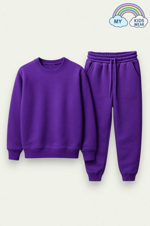 Kız Çocuk Sweatshirt ve Pantolon Takımı – Mor Basic 5-14 Yaş 10843