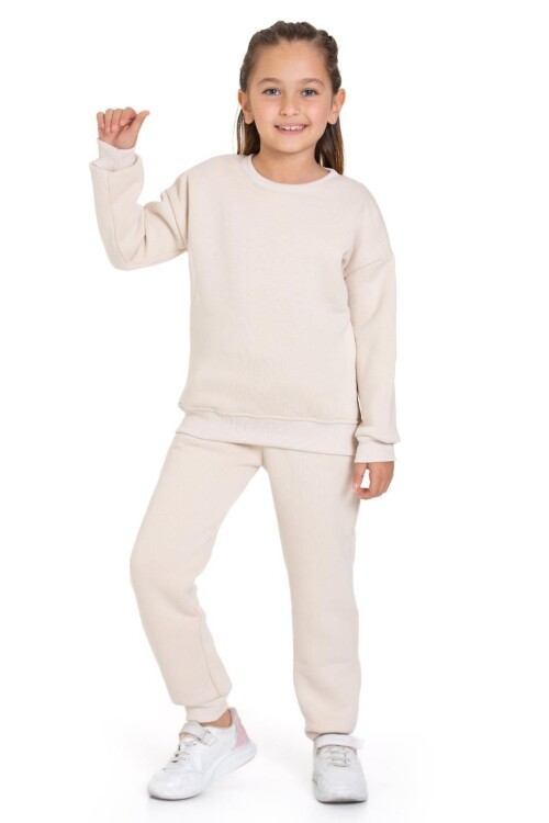 Kız Çocuk Sweatshirt ve Pantolon Takımı – Sütlü kahve Basic 5-14 Yaş 11096