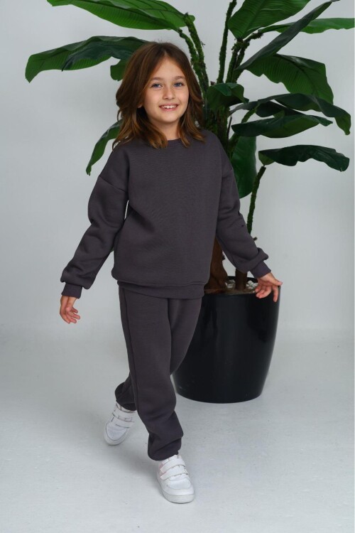 Kız Çocuk Sweatshirt ve Pantolon Takımı – Füme Basic 5-14 Yaş 11094