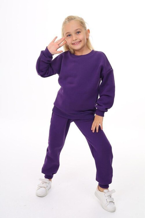 Kız Çocuk Sweatshirt ve Pantolon Takımı – Mor Basic 5-14 Yaş 10843