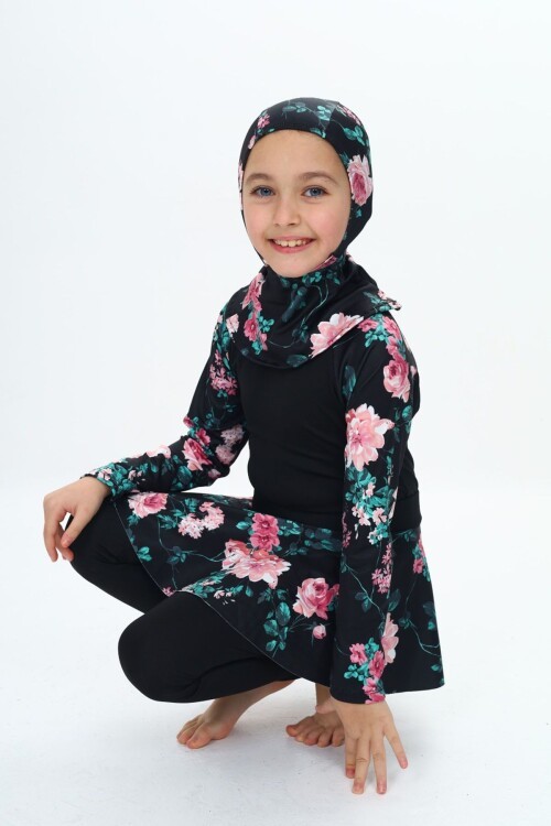 Üç Parça Kız Çocuk Haşema, Tesettür, Etekli, Kapalı Mayo