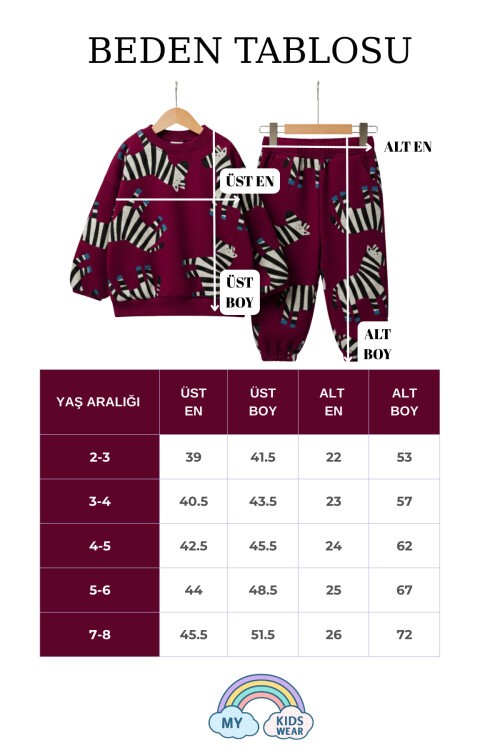 Erkek Çocuk Zebra Figürlü 3 İplik Şardonsuz  % 100 Pamuk Eşofman Takımı 2-8 Yaş 12322