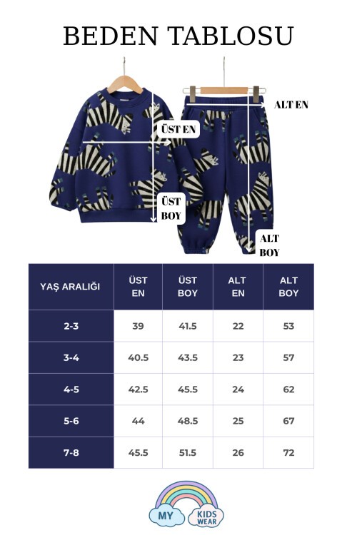 Erkek Çocuk Zebra Figürlü 3 İplik Şardonsuz  % 100 Pamuk Eşofman Takımı 2-8 Yaş12323