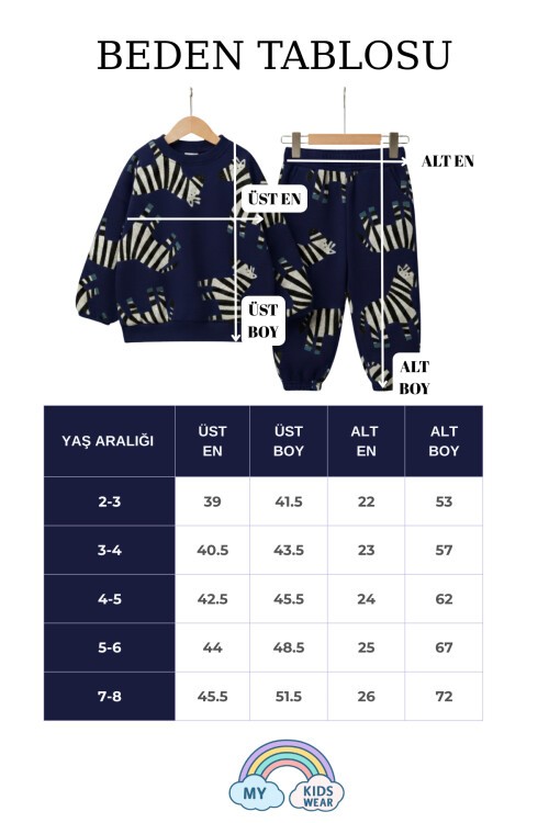 Erkek Çocuk Zebra Figürlü 3 İplik Şardonsuz  % 100 Pamuk Eşofman Takımı 2-8 Yaş 12324