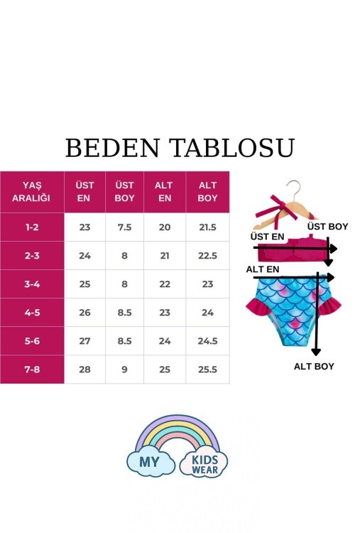 Yeni Sezon  Deniz Kabuğu Figürlü Balık Pulu Desenli  Fırfırlı Kız Çocuk Bikini Takımı