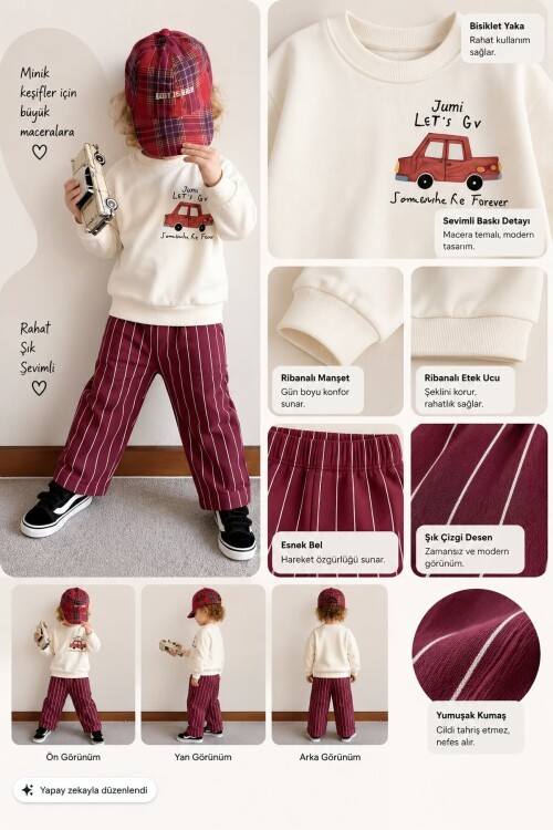 %100 Pamuklu Sweatshirt Desenli 2li Erkek Bebek&Çocuk Takımı