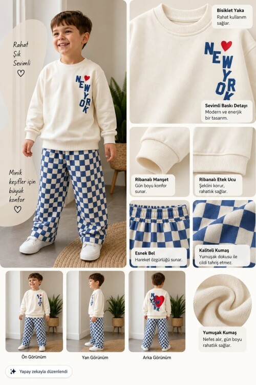 %100 Pamuklu Sweatshirt Desenli 2li Erkek Bebek&Çocuk Takımı