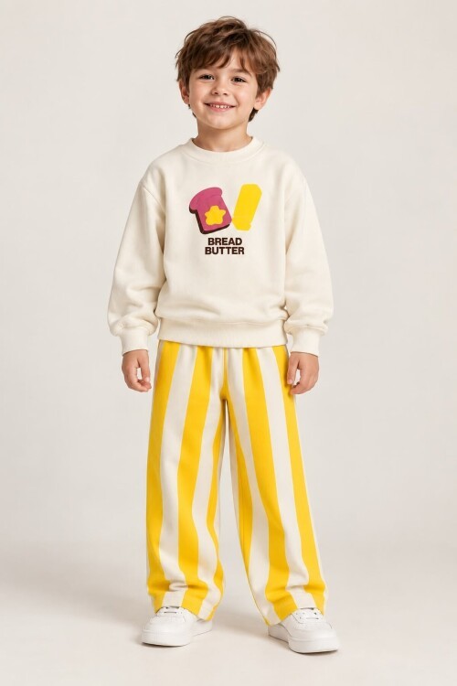 Erkek Çocuk kışlık Baskılı Sweatshirt Çizgili Pantolon 2li Takım