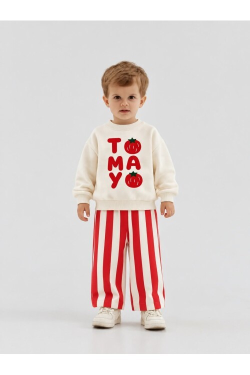 Erkek Çocuk kışlık Baskılı Sweatshirt Çizgili Pantolon 2li Takım