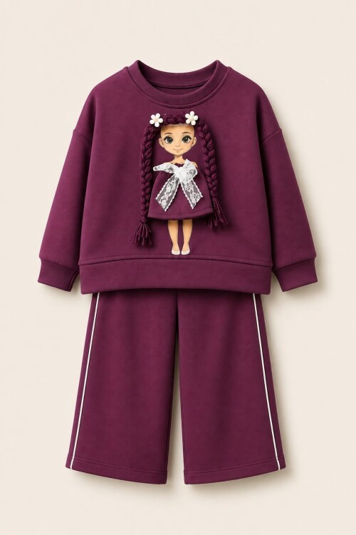 Kız Çocuk Baskılı Sweatshirt ve Bol Paça Pantolonlu 2li Eşofman Takımı 12928