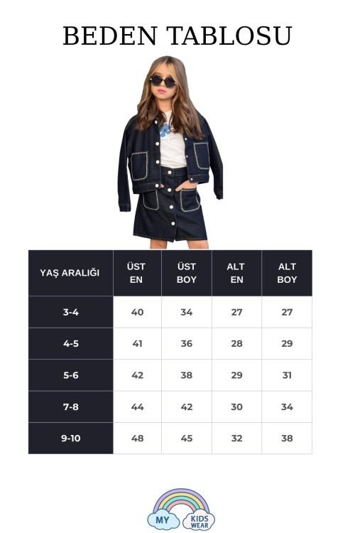 Kız Çocuk Bayramlık Nakış Cepli Kot Ceket, Etek & Tişört (3’lü) 12486