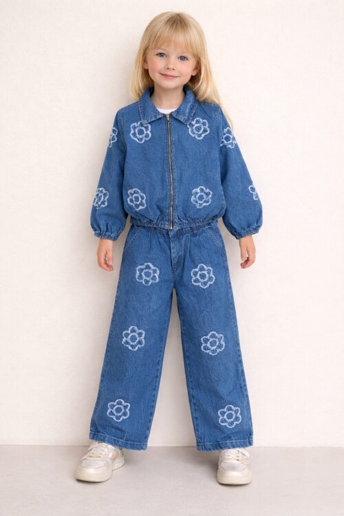 Kız Çocuk Çiçek Desenli Kot Ceket & Pantolon Takım 12613