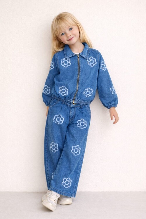 Kız Çocuk Çiçek Desenli Kot Ceket & Pantolon Takım 12613