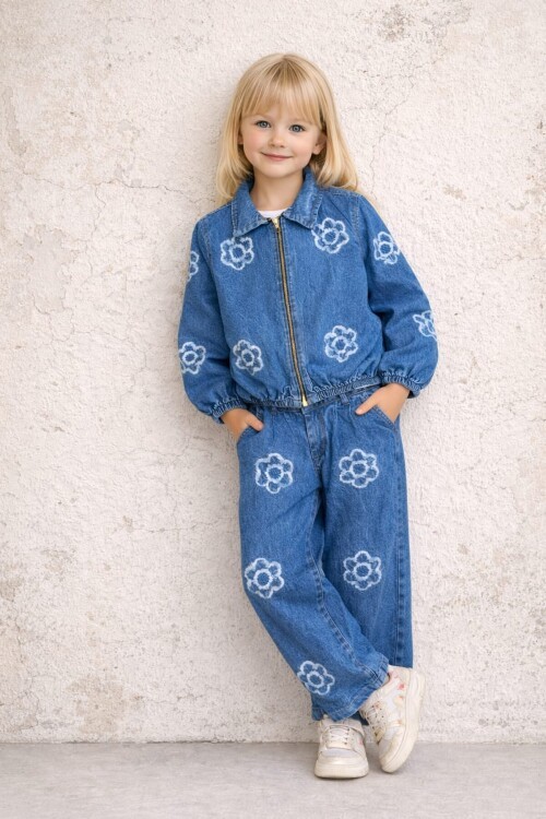 Kız Çocuk Çiçek Desenli Kot Ceket & Pantolon Takım 12613