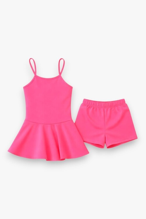 Kız Çocuk Garson Mayo Elbiseli Şortlu 2’li Takım 12413 neon pembe