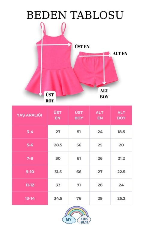 Kız Çocuk Garson Mayo Elbiseli Şortlu 2’li Takım 12413 neon pembe