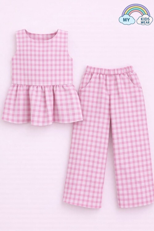 Kız Çocuk Pötikareli Peplum Bluz ve Pantolon Takımı 12689