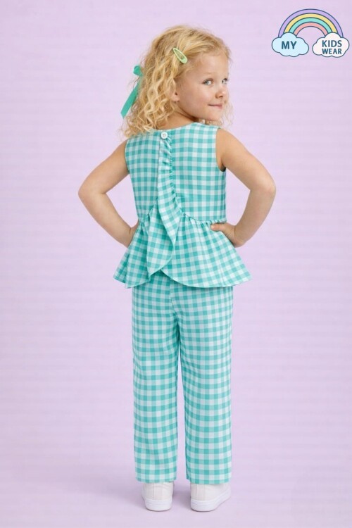 Kız Çocuk Pötikareli Peplum Bluz ve Pantolon Takımı 12692