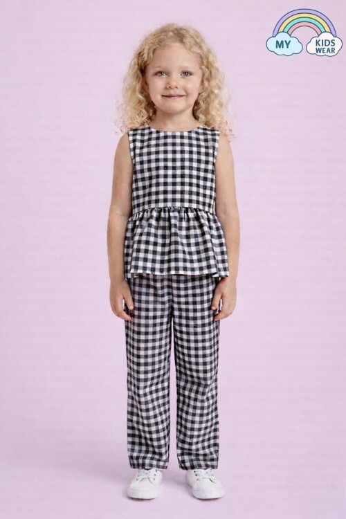 Kız Çocuk Pötikareli Peplum Bluz ve Pantolon Takımı 12693