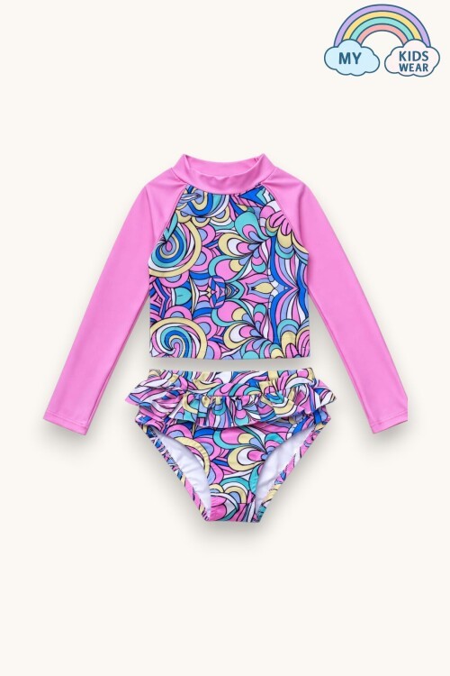 Kız Çocuk Uzun Kollu Desenli Bikini Takımı Volanlı Yazlık Mayo 3-8 Yaş 12641
