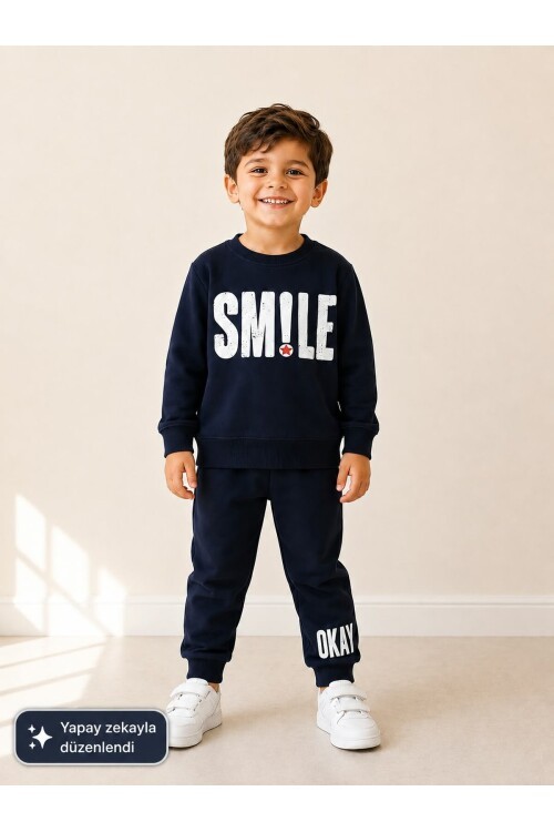 Kontrast Detaylı Baskılı Sweatshirt ve Jogger Pantolon 2li Çocuk Takım