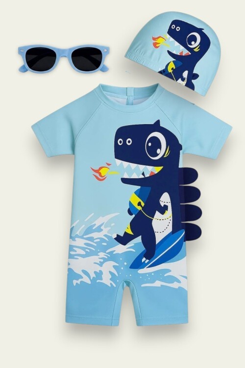 My Kids Wear Çocuk Desenli Mayo Takımı - UV Korumalı Bone ve Güneş Gözlüğü Hediyeli 2li Set 12681