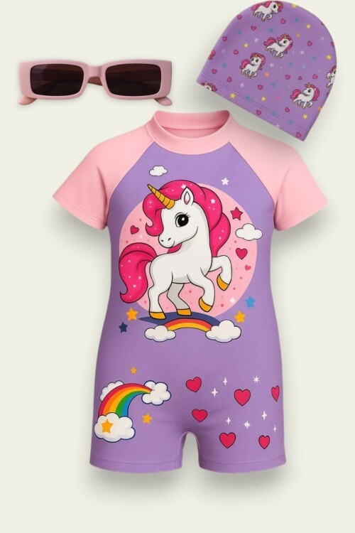 My Kids Wear Çocuk Desenli Mayo Takımı - UV Korumalı Bone ve Güneş Gözlüğü Hediyeli 2li Set 12682
