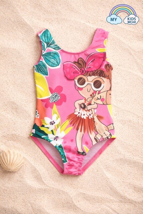 My Kids Wear Kız Çocuk Pembe Tropikal Desenli Sevimli Kız Figürlü Mayo 12688