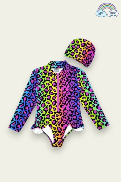 Fırfır Detaylı Leopar Desen Boneli Kız Çocuk Mayo