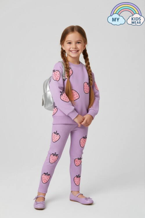 Kız Çocuk Çilek Desenli 3 İplik Şardonsuz Sweatshirt Tayt Takım 2-10 Yaş 12344