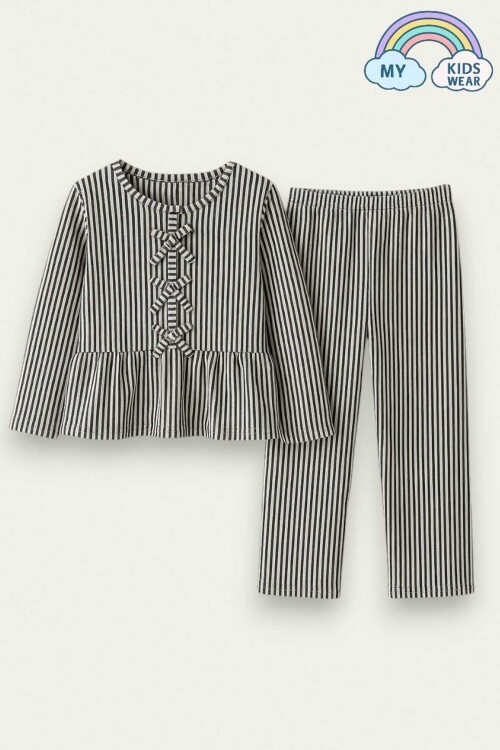 Kız Çocuk Çizgili Fırfırlı Pijama Takımı 5-16 Yaş 12046