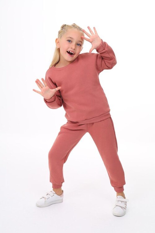 Kız Çocuk Sweatshirt ve Pantolon Takımı – Gül Kurusu Basic 5-14 Yaş 10798