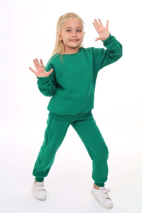 Kız Çocuk Sweatshirt ve Pantolon Takımı – Koyu Yeşil Basic 5-14 Yaş 11097