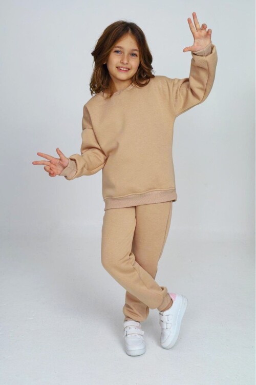 Kız Çocuk Sweatshirt ve Pantolon Takımı – Kahverengi Basic 5-14 Yaş 11095