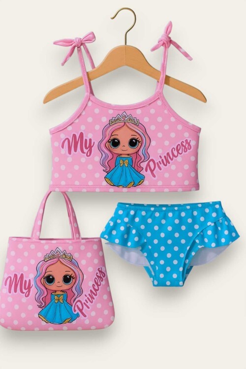 Üç Parça Çantalı Kız Çocuk Fırfırlı Bikini Takım
