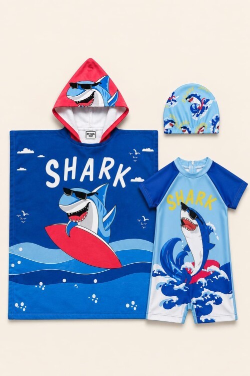 Erkek Çocuk Deniz Kombini 2’lİ Set – Mayo, Havlu ve Bone 12866