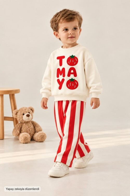 Erkek Çocuk kışlık Baskılı Sweatshirt Çizgili Pantolon 2li Takım