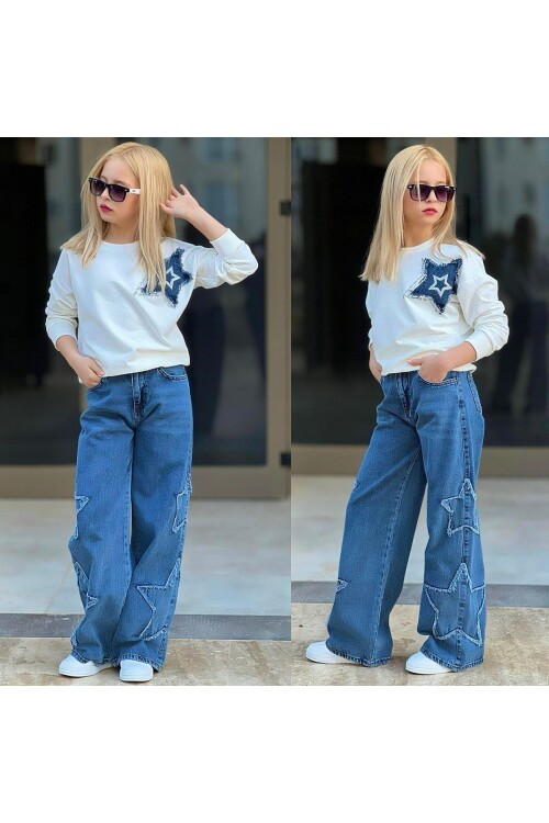 Kız Çocuk 2’li Sweatshirt & Kot Pantolon Takımı – Yıldız Detaylı 12491