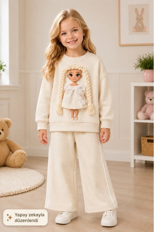 Kız Çocuk Baskılı Sweatshirt ve Bol Paça Pantolonlu 2li Eşofman Takımı 12929