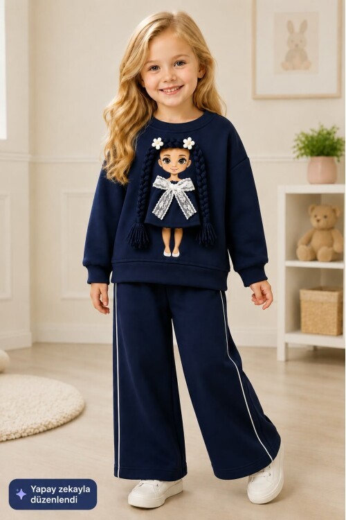 Kız Çocuk Baskılı Sweatshirt ve Bol Paça Pantolonlu 2li Eşofman Takımı 12931