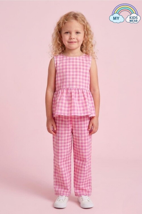 Kız Çocuk Pötikareli Peplum Bluz ve Pantolon Takımı 12689