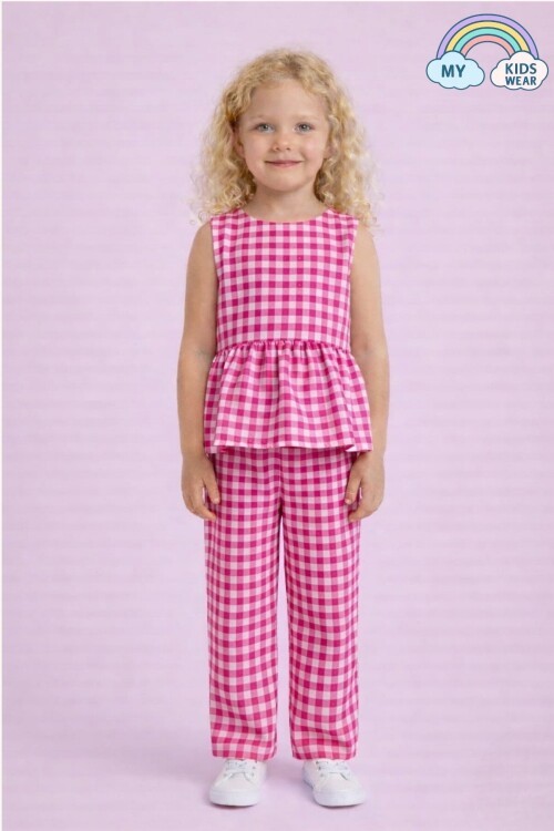 Kız Çocuk Pötikareli Peplum Bluz ve Pantolon Takımı 12691