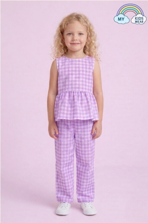 Kız Çocuk Pötikareli Peplum Bluz ve Pantolon Takımı 12694