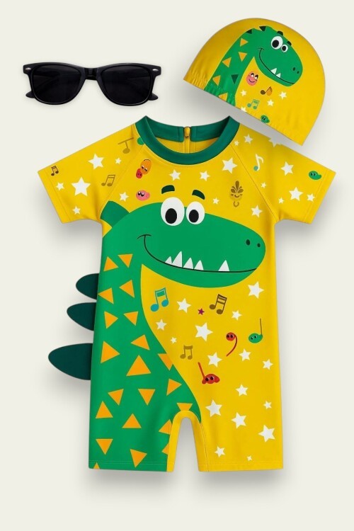My Kids Wear Çocuk Desenli Mayo Takımı - UV Korumalı Bone ve Güneş Gözlüğü Hediyeli 2li Set 12680