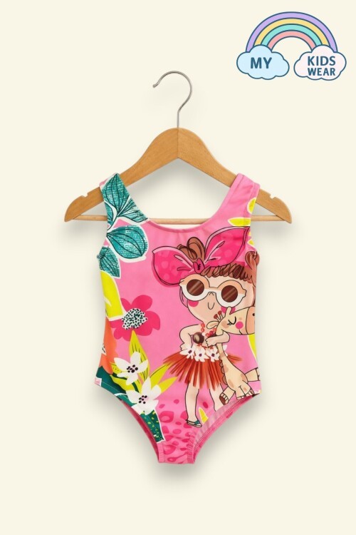 My Kids Wear Kız Çocuk Pembe Tropikal Desenli Sevimli Kız Figürlü Mayo 12688